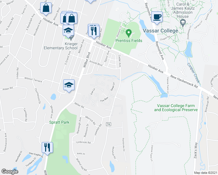 map of restaurants, bars, coffee shops, grocery stores, and more near 187 Red Cardinal Court in Poughkeepsie