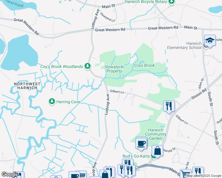 map of restaurants, bars, coffee shops, grocery stores, and more near 2 Gilbert Lane in Harwich