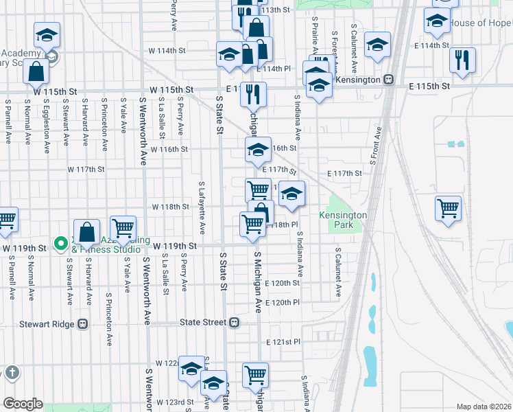 map of restaurants, bars, coffee shops, grocery stores, and more near South Michigan Avenue & East 118th Street in Chicago