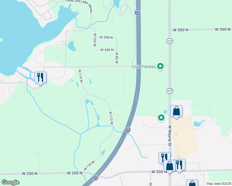 map of restaurants, bars, coffee shops, grocery stores, and more near 2635 North 80 West in Angola