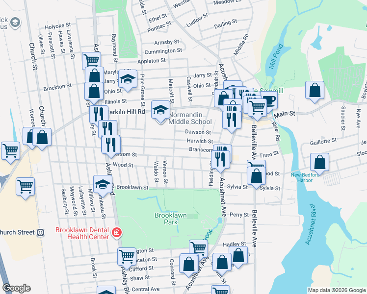 map of restaurants, bars, coffee shops, grocery stores, and more near 70 Felton Street in New Bedford