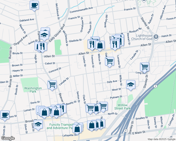 map of restaurants, bars, coffee shops, grocery stores, and more near 243 Lawlor Street in New Britain