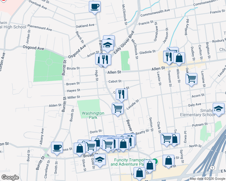 map of restaurants, bars, coffee shops, grocery stores, and more near 49 Cabot Street in New Britain