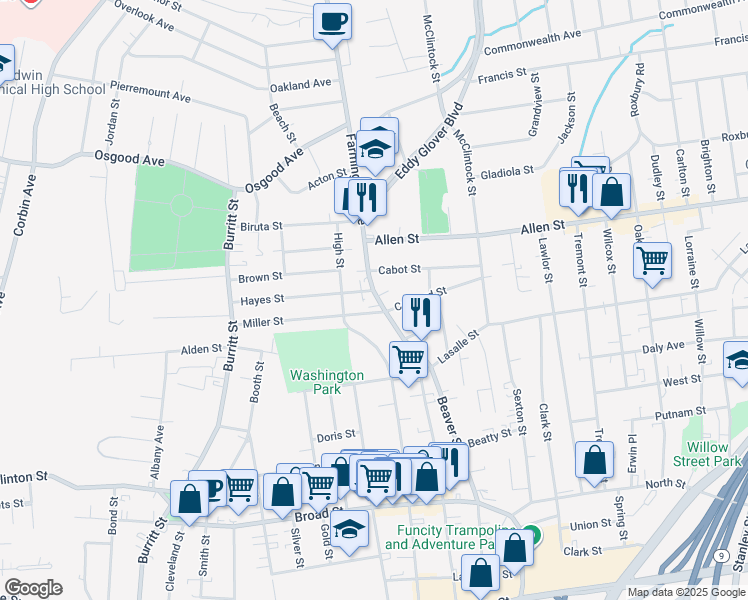 map of restaurants, bars, coffee shops, grocery stores, and more near 99 Farmington Avenue in New Britain