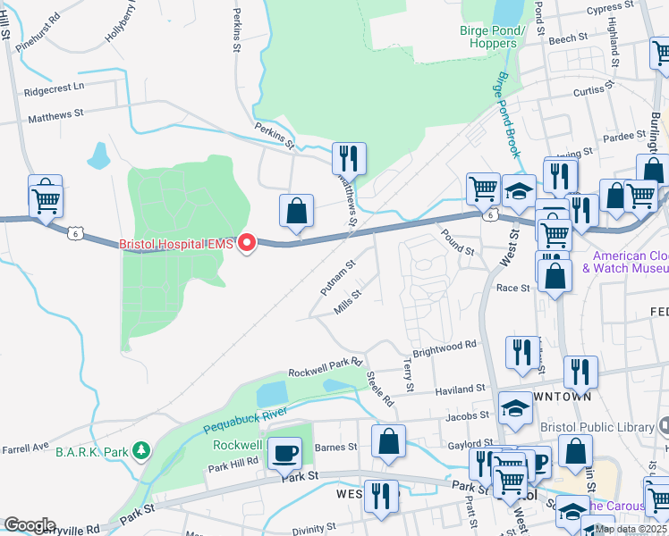 map of restaurants, bars, coffee shops, grocery stores, and more near 255 Terryville Avenue in Bristol