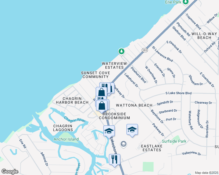 map of restaurants, bars, coffee shops, grocery stores, and more near 36431 Lakeshore Boulevard in Eastlake