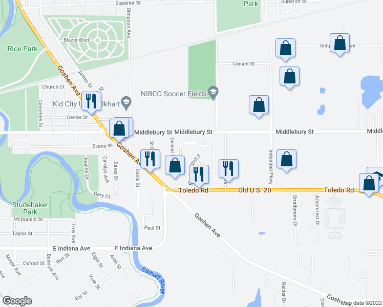 map of restaurants, bars, coffee shops, grocery stores, and more near 117 Clarinet Boulevard West in Elkhart