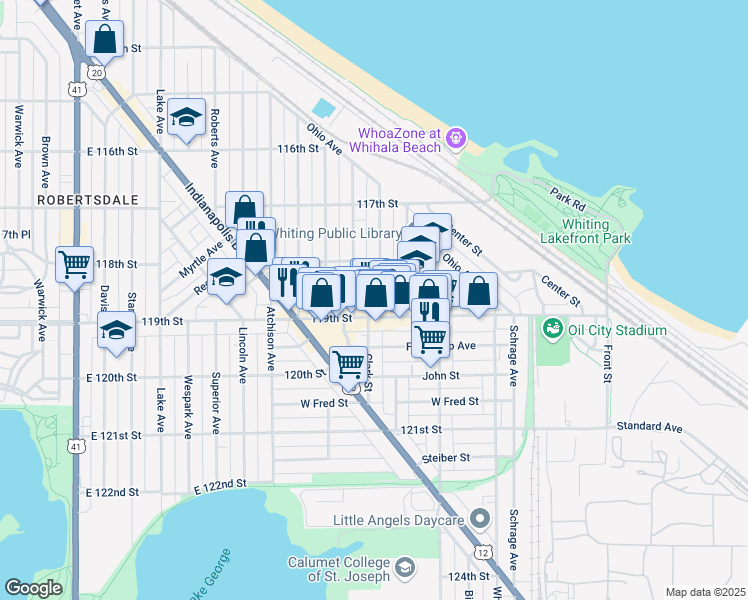 map of restaurants, bars, coffee shops, grocery stores, and more near 1815 Laporte Ave in Whiting