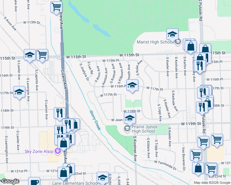 map of restaurants, bars, coffee shops, grocery stores, and more near 4529 West 116th Place in Chicago