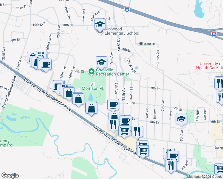 map of restaurants, bars, coffee shops, grocery stores, and more near 724 14th Avenue in Coralville