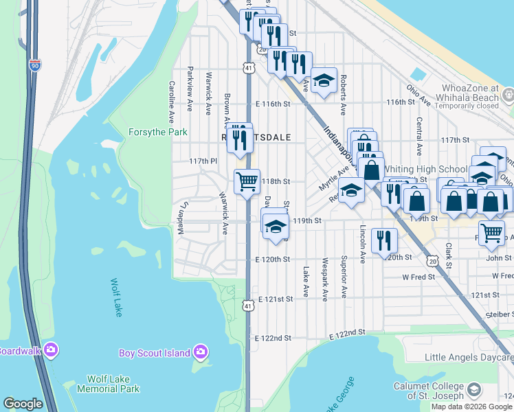 map of restaurants, bars, coffee shops, grocery stores, and more near 1821 Calumet Avenue in Whiting