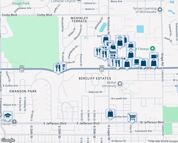 map of restaurants, bars, coffee shops, grocery stores, and more near 3301-3499 U.S. 20 Business in South Bend