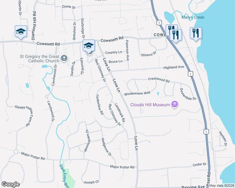 map of restaurants, bars, coffee shops, grocery stores, and more near 202 Love Lane in Warwick