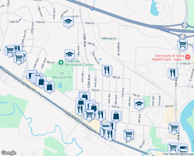 map of restaurants, bars, coffee shops, grocery stores, and more near 717 11th Avenue in Coralville