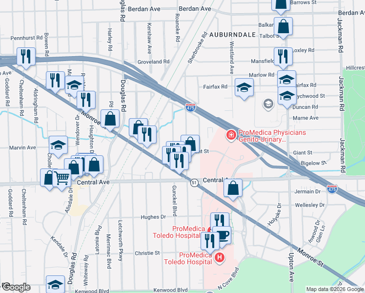 map of restaurants, bars, coffee shops, grocery stores, and more near 3232 Northwood Avenue in Toledo