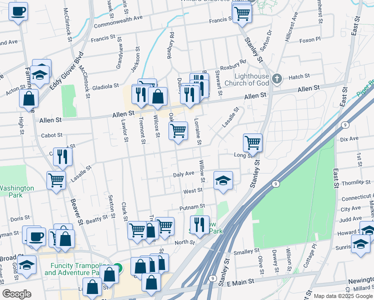map of restaurants, bars, coffee shops, grocery stores, and more near 295 Lasalle Street in New Britain
