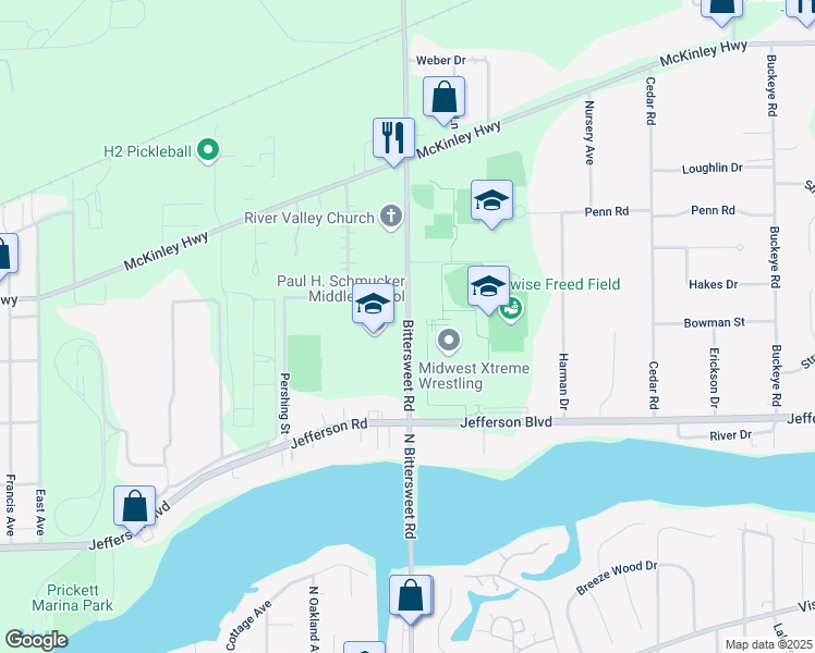map of restaurants, bars, coffee shops, grocery stores, and more near 56045 Bittersweet Road in Mishawaka