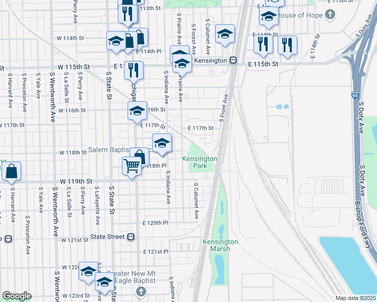 map of restaurants, bars, coffee shops, grocery stores, and more near 409 East 118th Street in Chicago