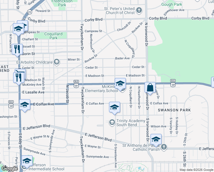 map of restaurants, bars, coffee shops, grocery stores, and more near 1721 McKinley Avenue in South Bend