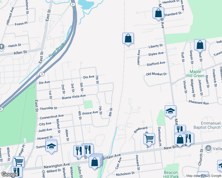 map of restaurants, bars, coffee shops, grocery stores, and more near 212 Buena Vista Avenue in Newington
