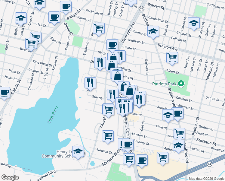 map of restaurants, bars, coffee shops, grocery stores, and more near 154 Tower Street in Fall River