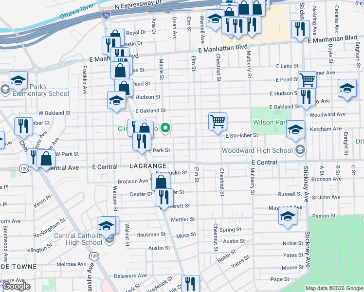 map of restaurants, bars, coffee shops, grocery stores, and more near 328 East Streicher Street in Toledo