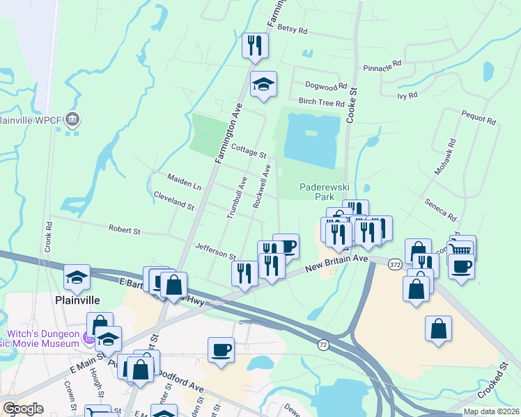 map of restaurants, bars, coffee shops, grocery stores, and more near 140 Rockwell Avenue in Plainville