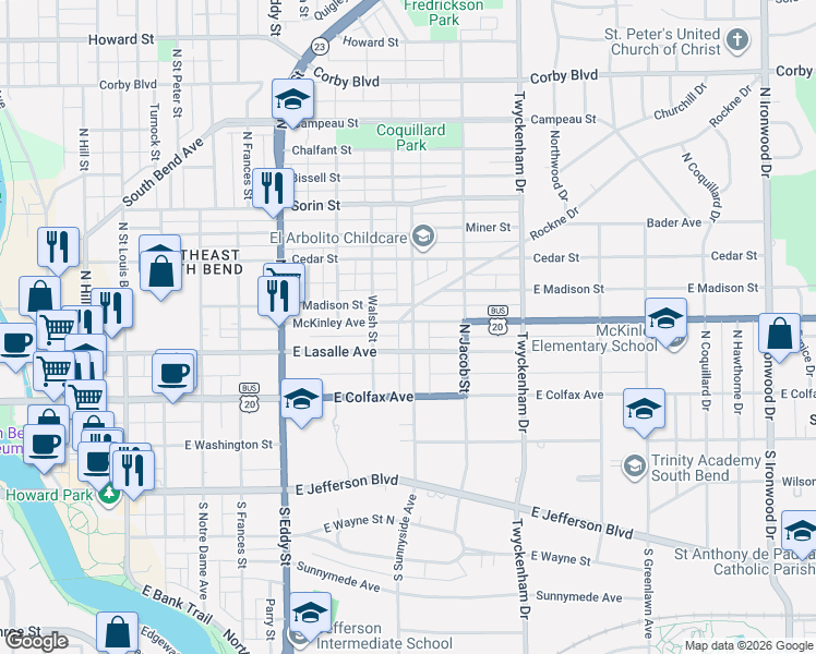 map of restaurants, bars, coffee shops, grocery stores, and more near 333 North Sunnyside Avenue in South Bend