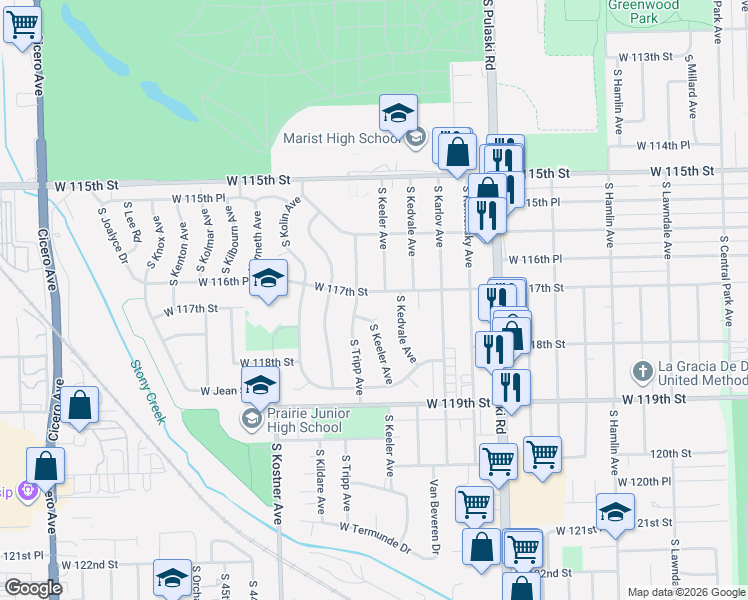 map of restaurants, bars, coffee shops, grocery stores, and more near 11659 South Keeler Avenue in Alsip
