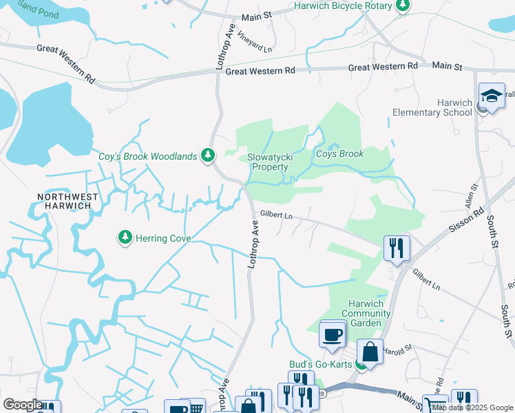 map of restaurants, bars, coffee shops, grocery stores, and more near 2 Gilbert Lane in Harwich