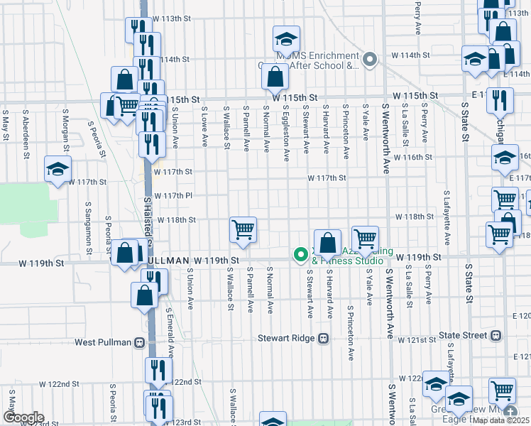 map of restaurants, bars, coffee shops, grocery stores, and more near 500 W 118th St in Chicago
