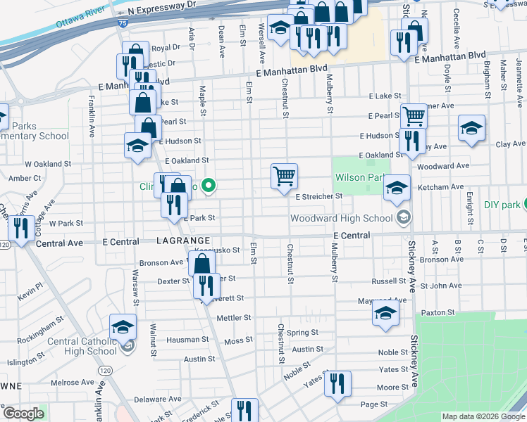 map of restaurants, bars, coffee shops, grocery stores, and more near 430 East Streicher Street in Toledo