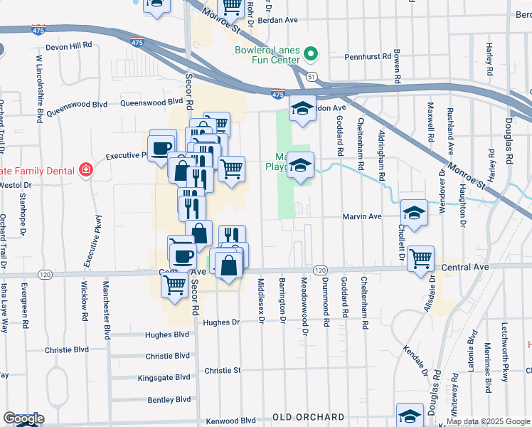 map of restaurants, bars, coffee shops, grocery stores, and more near 3210 Middlesex Drive in Toledo