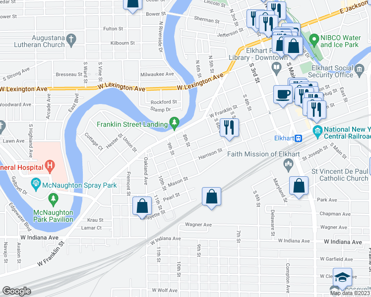 map of restaurants, bars, coffee shops, grocery stores, and more near 805 West Marion Street in Elkhart