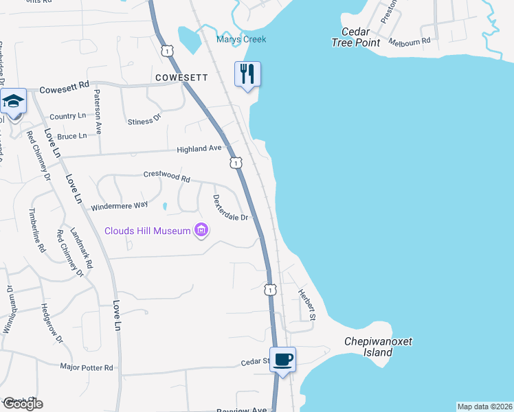 map of restaurants, bars, coffee shops, grocery stores, and more near 4060 Post Road in Warwick