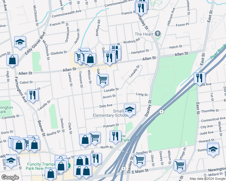 map of restaurants, bars, coffee shops, grocery stores, and more near 36 Lorraine Street in New Britain