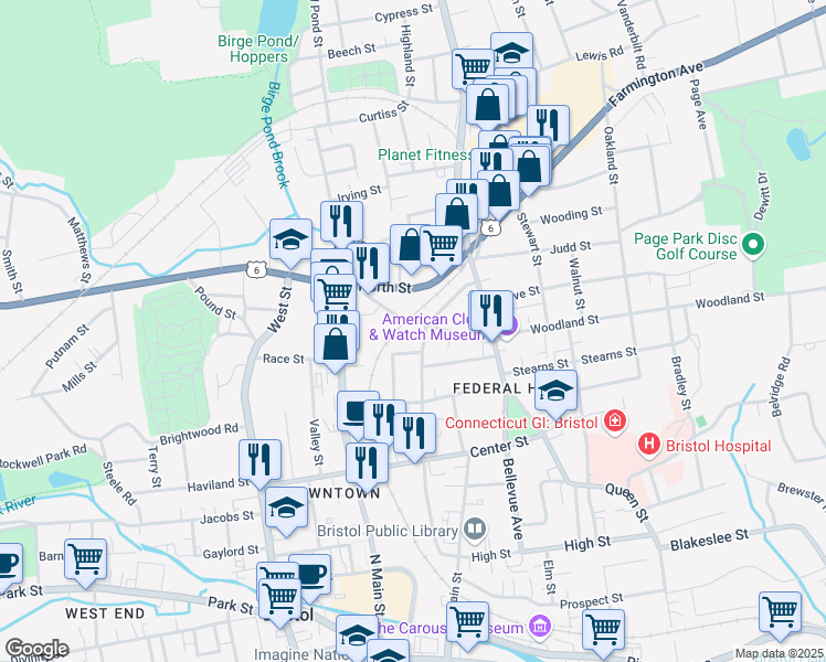 map of restaurants, bars, coffee shops, grocery stores, and more near 59 Federal Street in Bristol