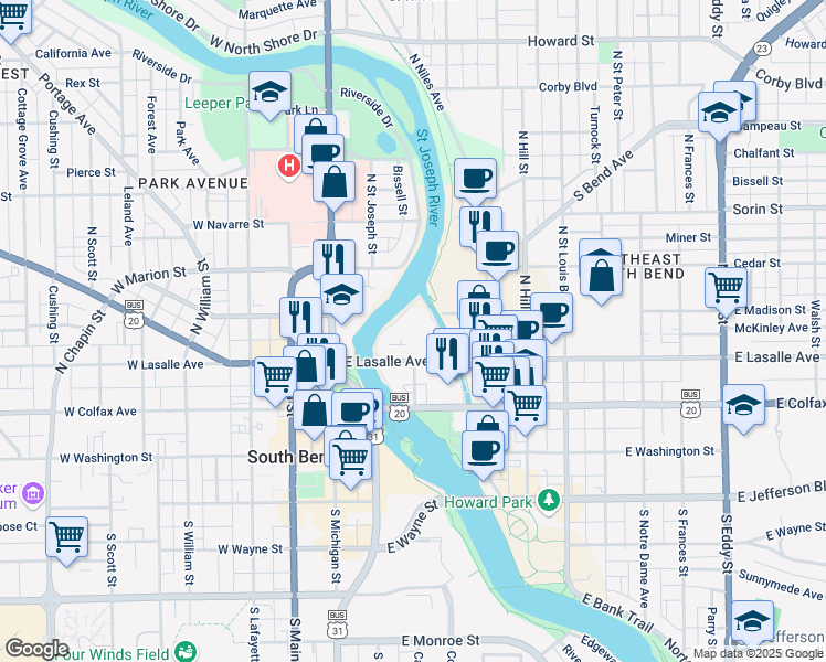 map of restaurants, bars, coffee shops, grocery stores, and more near 311 East Lasalle Avenue in South Bend