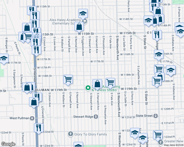 map of restaurants, bars, coffee shops, grocery stores, and more near 11734 South Harvard Avenue in Chicago
