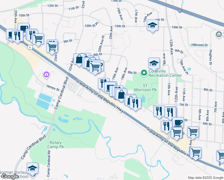 map of restaurants, bars, coffee shops, grocery stores, and more near 700 19th Avenue in Coralville
