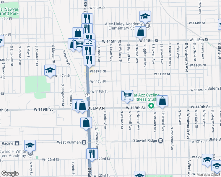 map of restaurants, bars, coffee shops, grocery stores, and more near 11750 South Lowe Avenue in Chicago