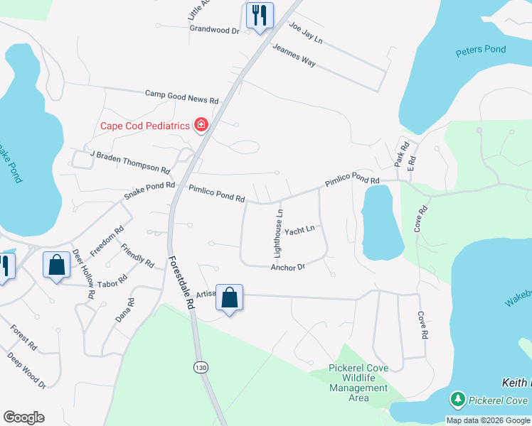 map of restaurants, bars, coffee shops, grocery stores, and more near 33 Pimlico Pond Road in Sandwich