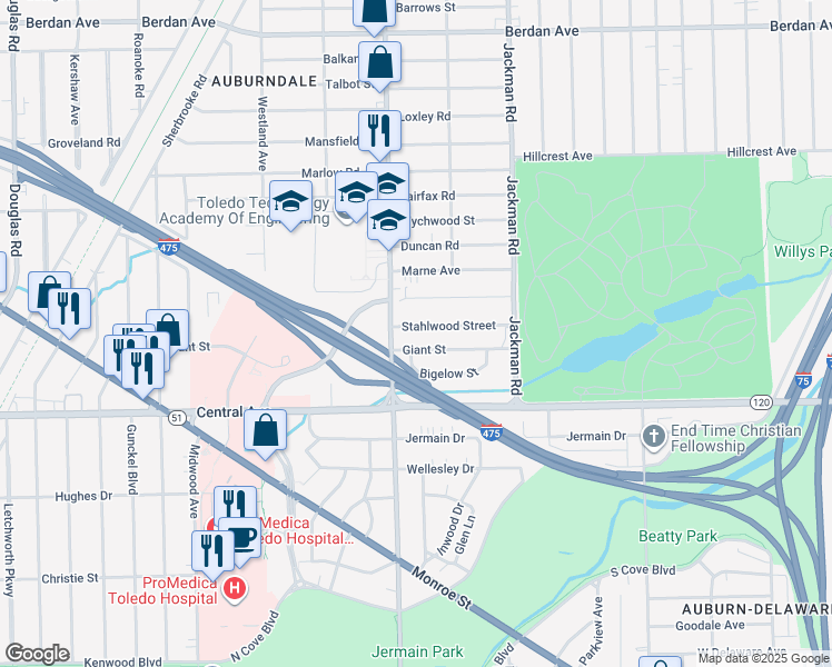 map of restaurants, bars, coffee shops, grocery stores, and more near 1820 Stahlwood Avenue in Toledo