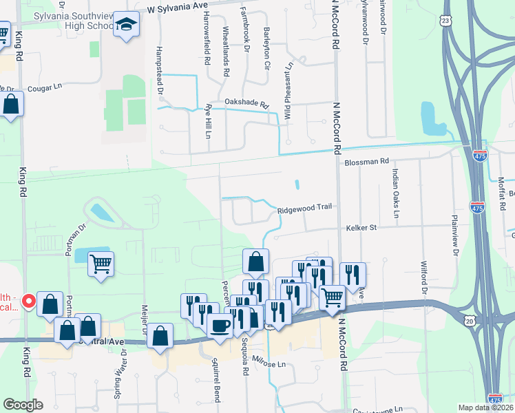 map of restaurants, bars, coffee shops, grocery stores, and more near 6922 Cedar Creek Lane in Toledo