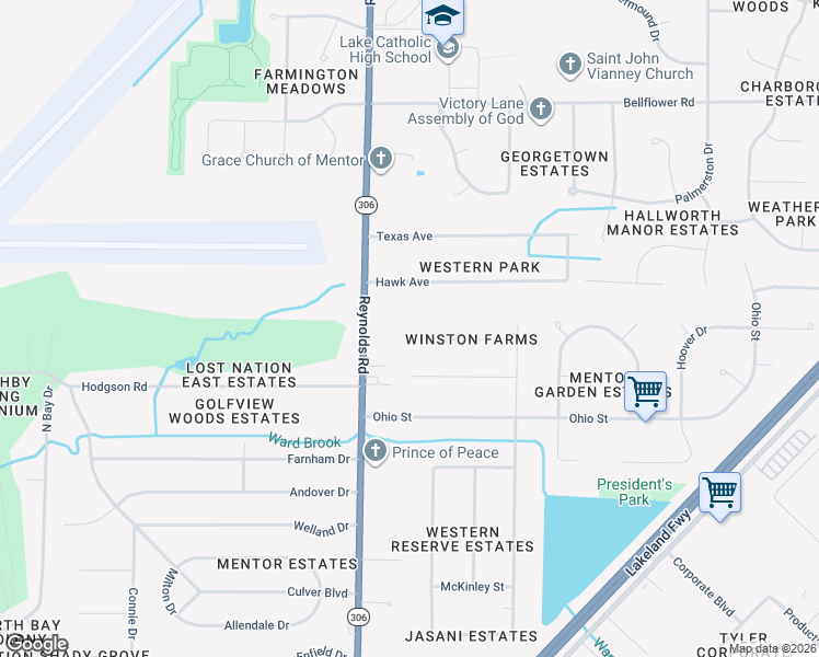 map of restaurants, bars, coffee shops, grocery stores, and more near 7393 Churchill Square in Mentor