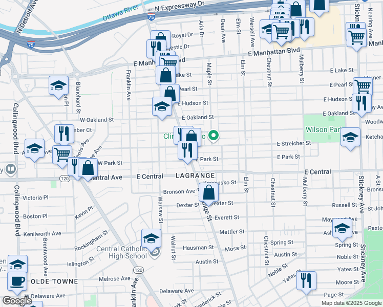 map of restaurants, bars, coffee shops, grocery stores, and more near 213 E Streicher St in Toledo