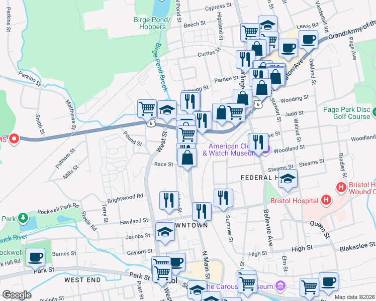 map of restaurants, bars, coffee shops, grocery stores, and more near 453 North Main Street in Bristol