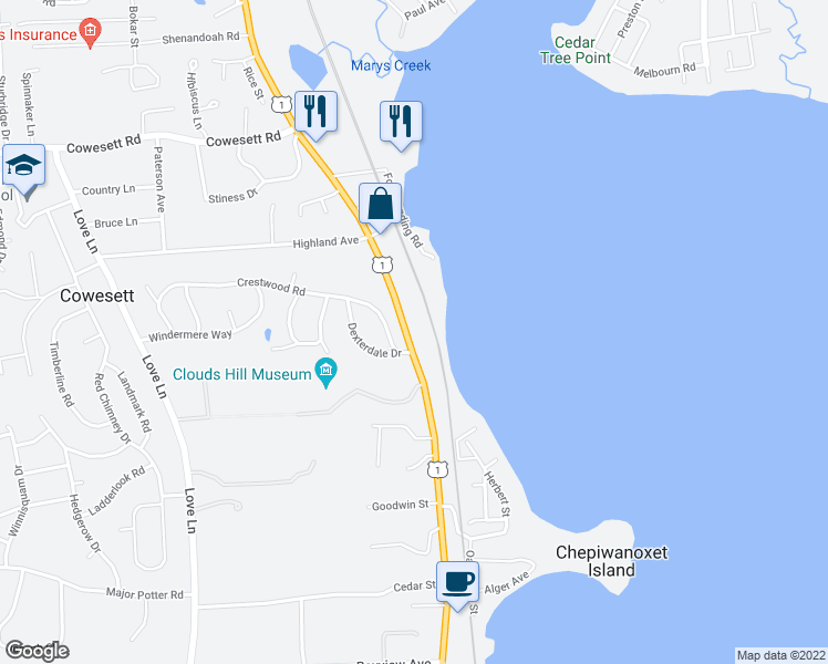 map of restaurants, bars, coffee shops, grocery stores, and more near 4060 Post Road in Warwick