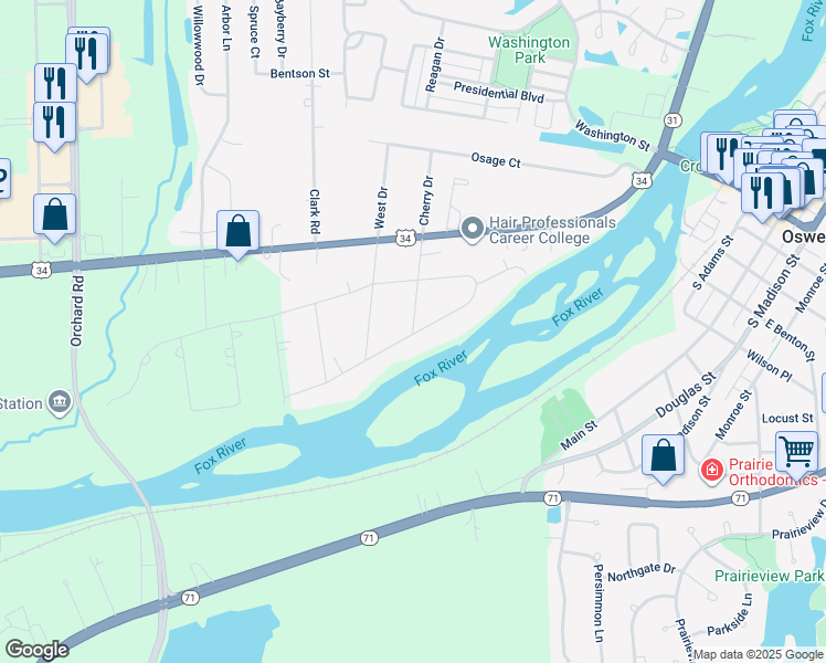 map of restaurants, bars, coffee shops, grocery stores, and more near 34 South Cherry Drive in Oswego