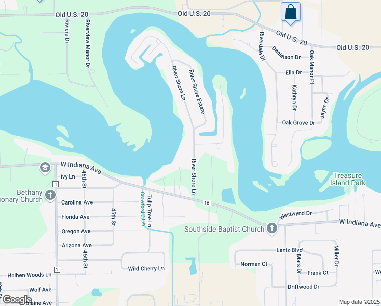 map of restaurants, bars, coffee shops, grocery stores, and more near 56099 River Shore Lane in Elkhart